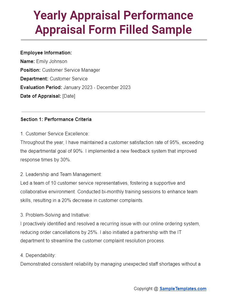 yearly appraisal performance appraisal form filled sample