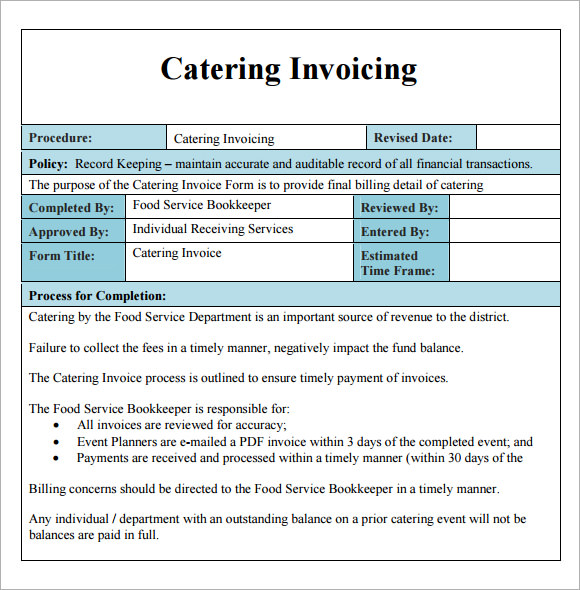 sample invoices for catering services