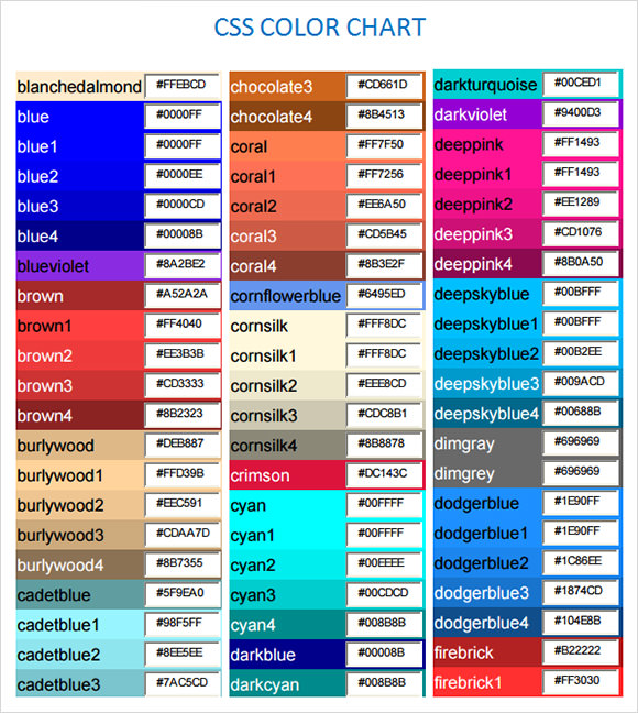 css color chart pdf