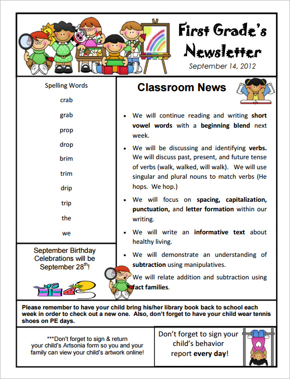 elementary school newsletter templates