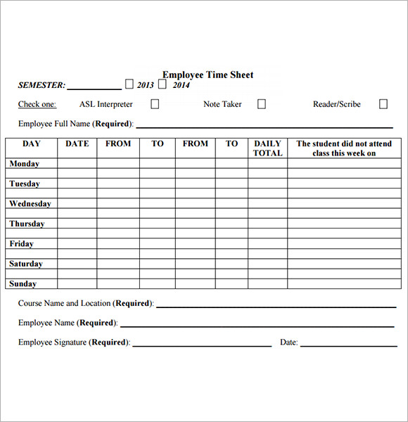 Employee Timesheet Template - 8+ Free Download for PDF