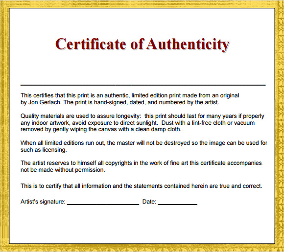 printable certificate of authenticity