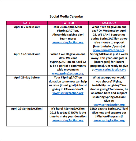 sample social media content calendar