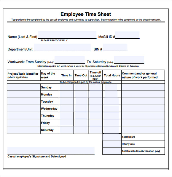 Employee Timesheet Template Word