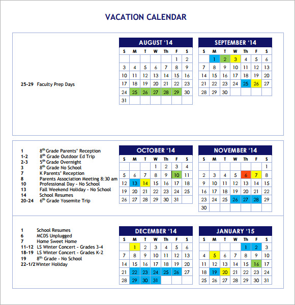 7+ Sample Vacation Calendars Sample Templates