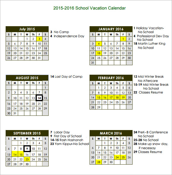 Vacation Calendar Template 2015 HQ Printable Documents