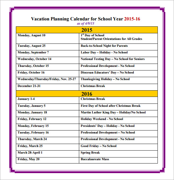 vacation calendar template 2015 16