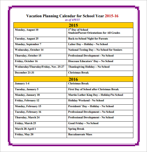 7 Sample Vacation Calendars Sample Templates