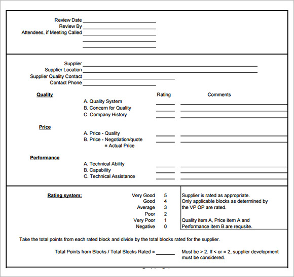vendor evaluation sheet