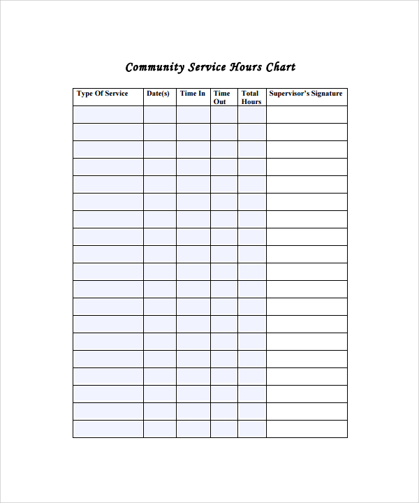 community service hours blank chart