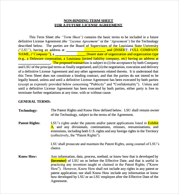 non binding term sheet template