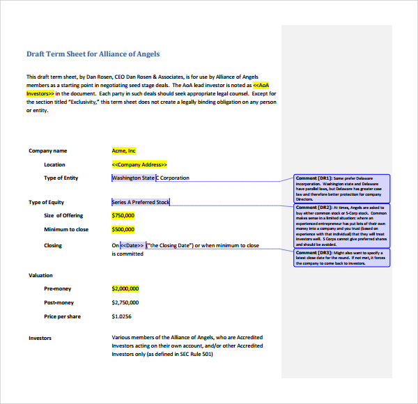 draft term sheet sample