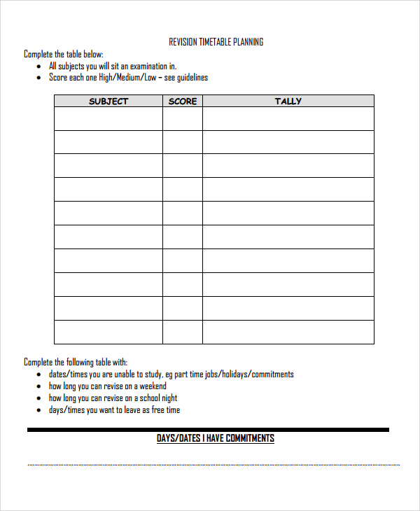 revision timetable template1