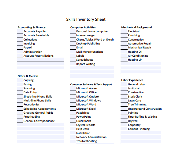 skills inventory sheet