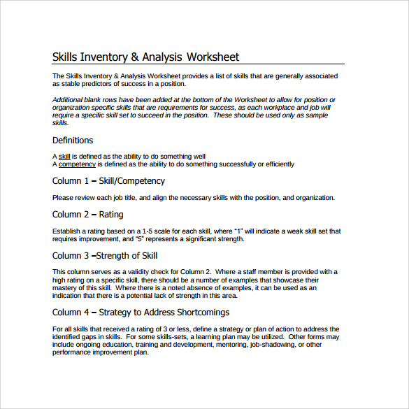 skills inventory and analysis worksheet