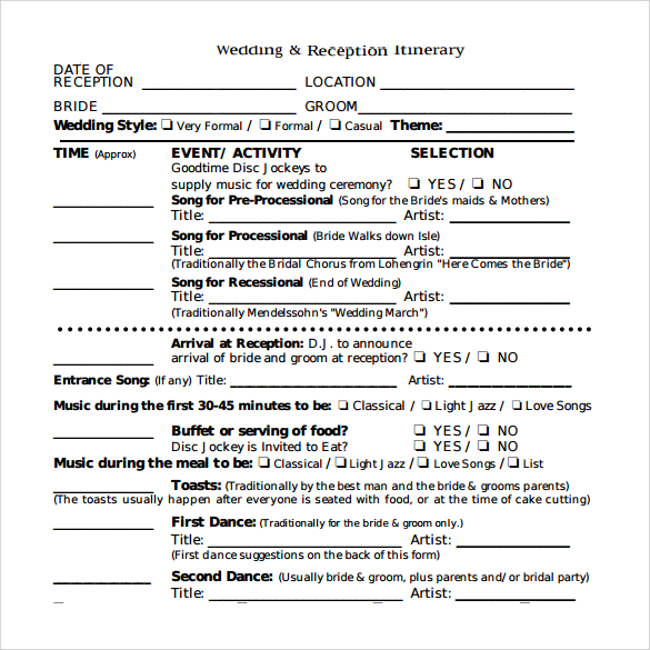 sample wedding reception itinerary