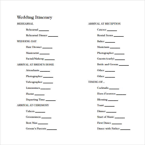 wedding itinerary to download