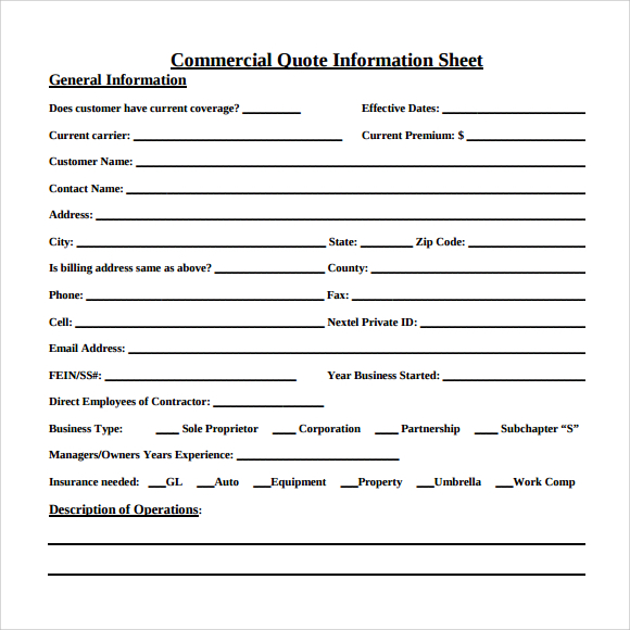 commercial quote information sheet pdf