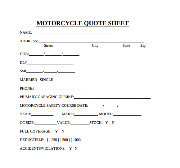 motorcycle quote sheet to print