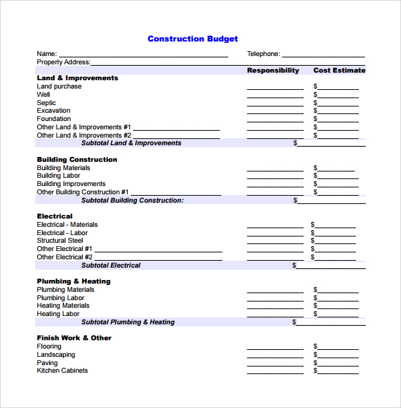 construction budget breakdown to print