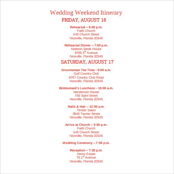 FREE 12+ Sample Wedding Weekend Itinerary Templates in PDF MS Word PSD