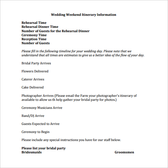 sample pdf wedding weekend itinerary