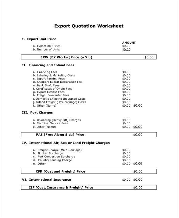 export quotation worksheet