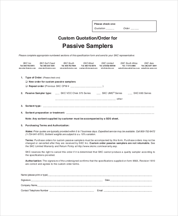 custom quotation order for passive sampler