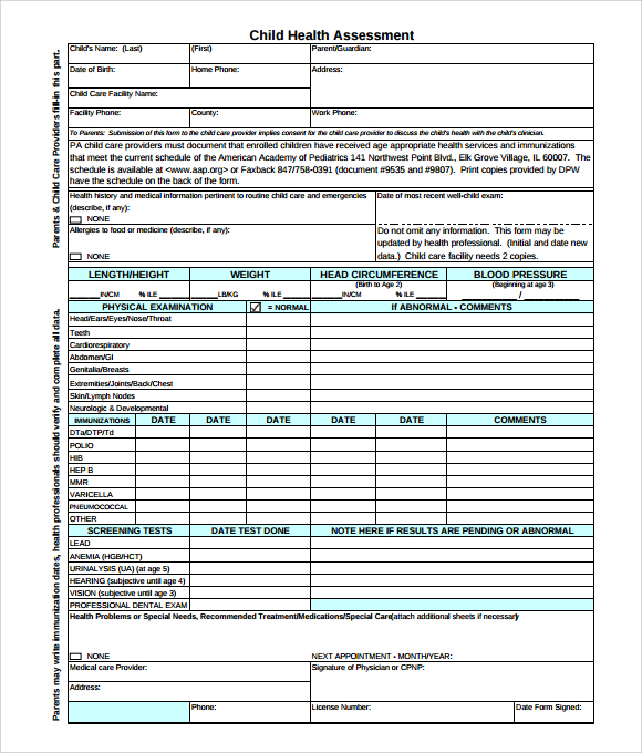 child health assessment template