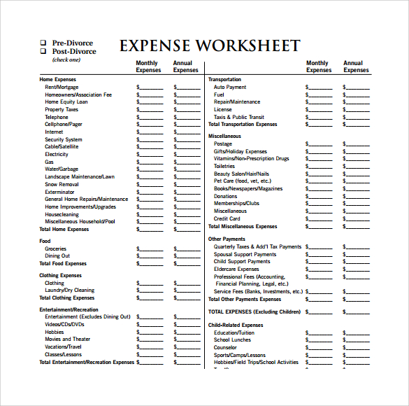 expense sheet for taxes