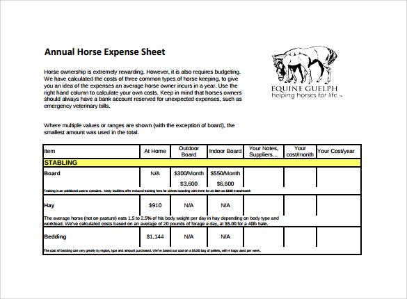 annual horse expense sheet template