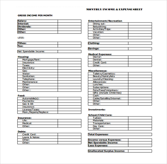 printable income expense sheet