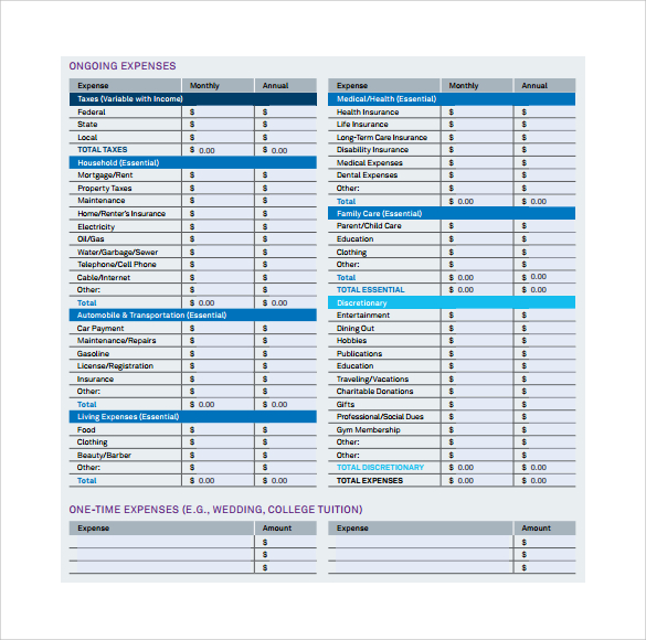 retirment expense sheet template