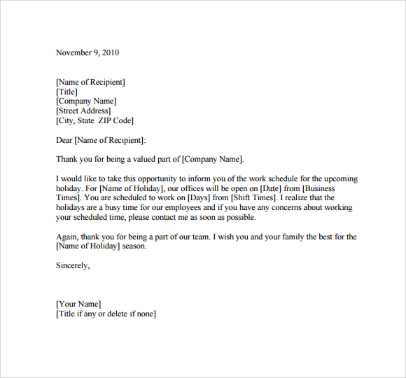 sample memo letter for holiday announcement