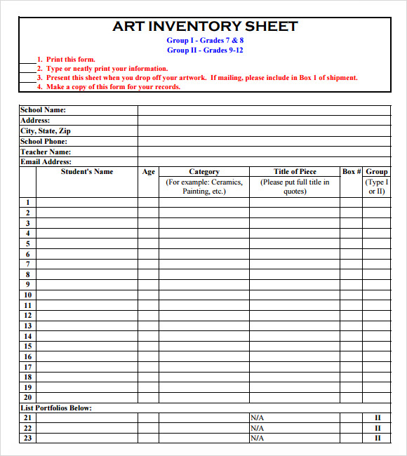 art inventory sheet template