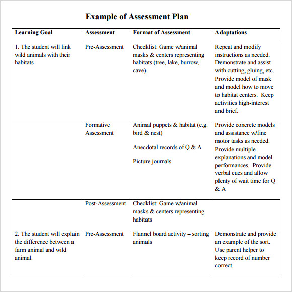 assessment plan template sample