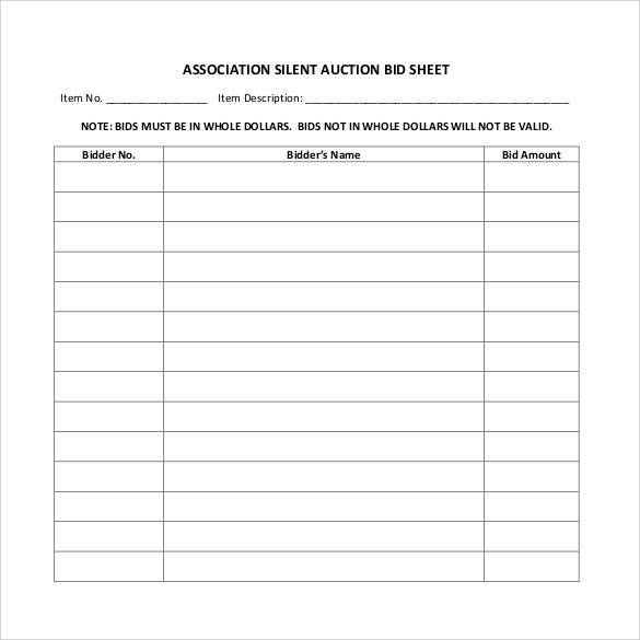 association silent auction bid sheet