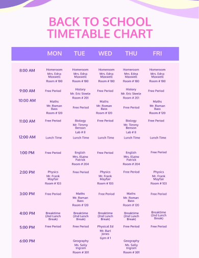 back to school timetable chart template