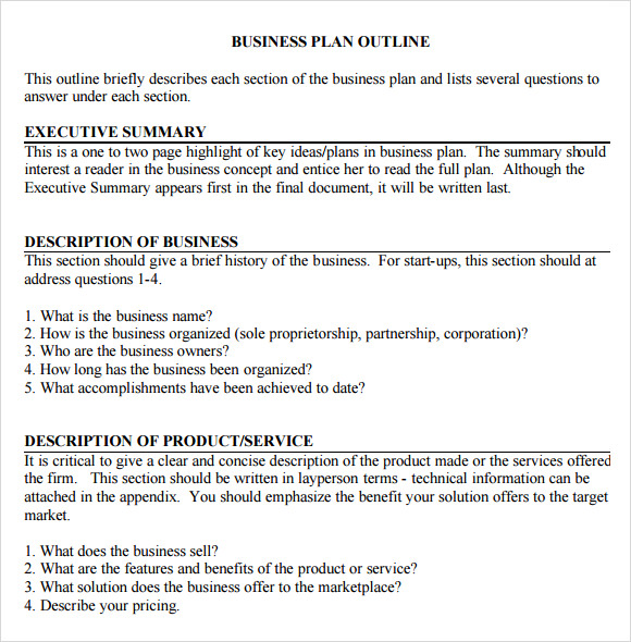 Sample Business Plan Outline Templates To Download Sample Templates