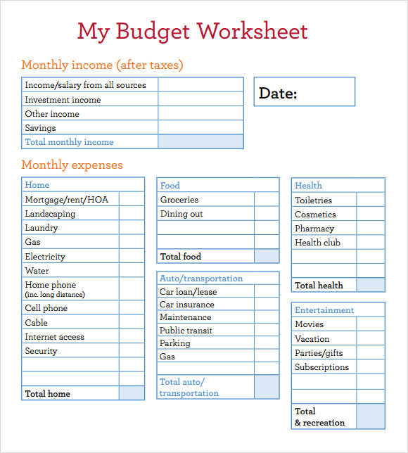 budget worksheet printable