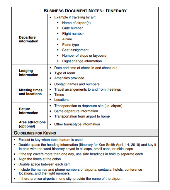 business document itinerary template