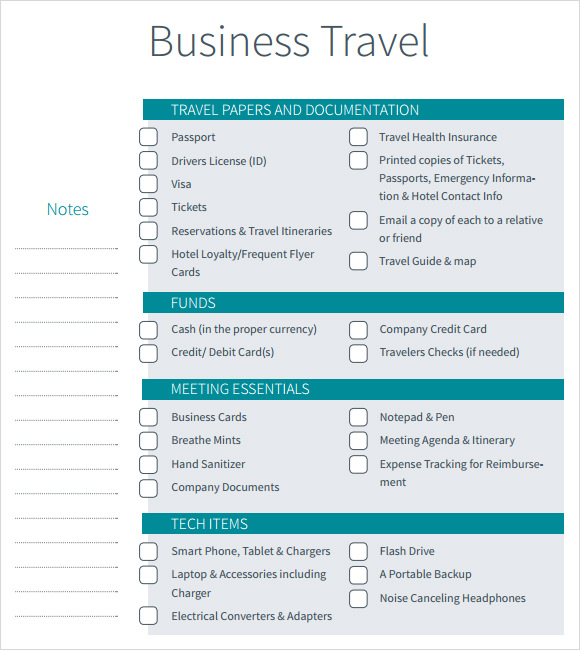 business travel checklist itinerary template