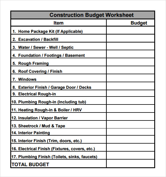 construction budget worksheet