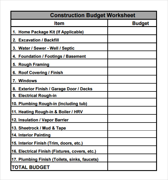 construction management sub contractor expenses worksheet