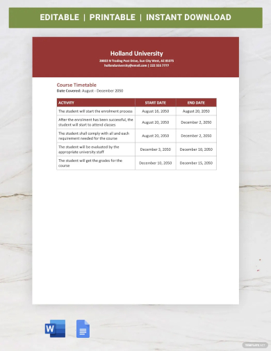 course timetable template
