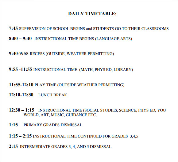 daily timetable template