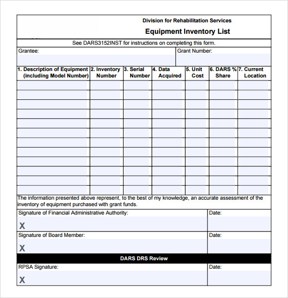 equipment inventory list template