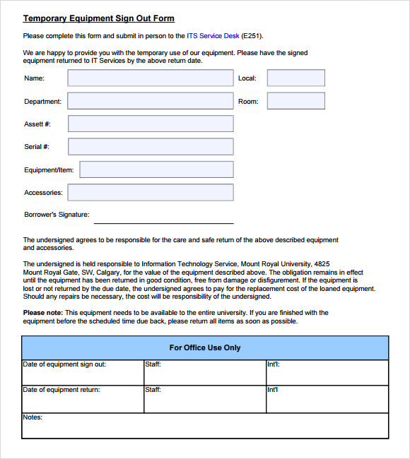 equipment sign out sheet template