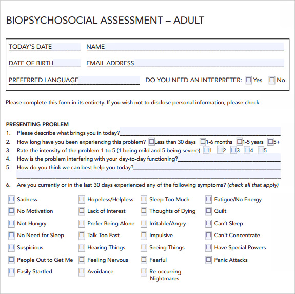 9 Biopsychosocial Assessment Templates PDF Sample Templates