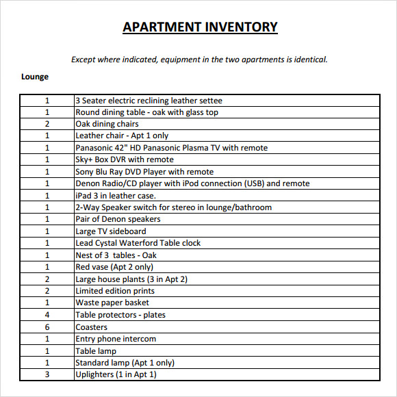 apartment inventory list template